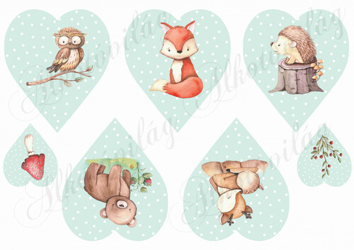 Cuki kézzel festett erdőlakó állatkák pöttyös szíveken