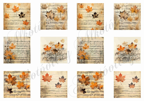 Négyzetek őszi levelekkel, kottákkal 5,5 x 5,5 cm