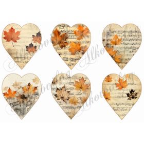 Őszi szívek levelekkel, kottákkal - 11,5 cm magas