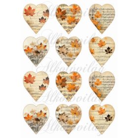 Őszi szívek levelekkel, kottákkal - 6,5 cm magas