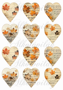 Őszi szívek levelekkel, kottákkal - 6,5 cm magas