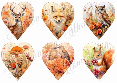 Őszi képek állatkákkal szívekben, róka, mókus, kismadár, bagoly, szarvas 9 cm magas