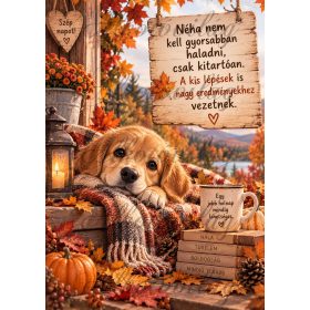   Golden kutyus őszi hangulatban, motivációs idézettel - PÁRNABLOKK, VÁSZONTÁSKA BLOKK, PATCHWORK BLOKK, UZSONNÁSTASAK BLOKK