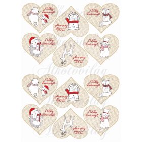   Karácsony fehér-piros állatkákkal szívekben BOLDOG KARÁCSONYT felirattal KICSIBEN