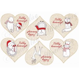   Karácsony fehér-piros állatkákkal szívekben BOLDOG KARÁCSONYT felirattal