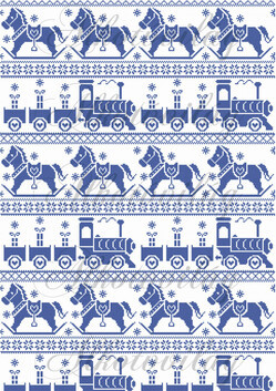 Karácsonyi piros sorminta - hintaló, vonat, kékben