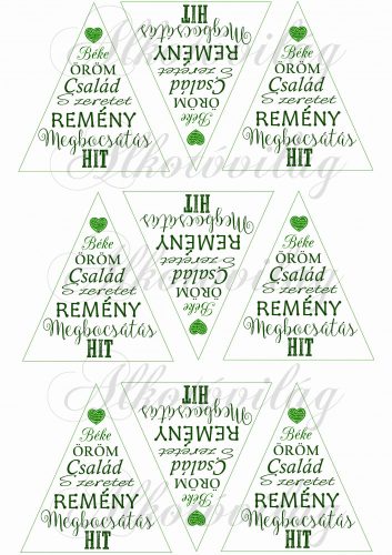 Feliratos háromszögek karácsonyfadíszhez – szívvel zöld