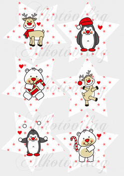 Karácsonyi állatkák piros csillagos csillagokban