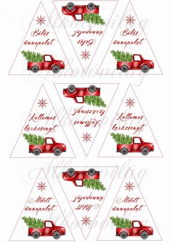 Karácsonyi autók felirattal háromszög alapon fenyődíszhez