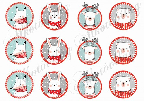 Róka-nyuszi-szarvas-maci hópelyhes alapon