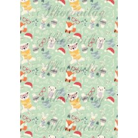 Téli állatkák ágak között zöld alapon