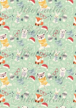 Téli állatkák ágak között zöld alapon