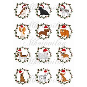 Kutyusok magyal koszorúkban mikulássapkával