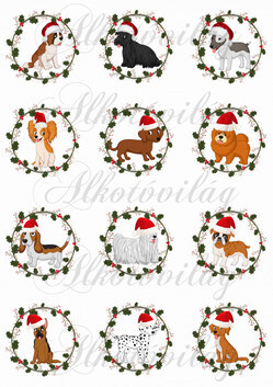 Kutyusok magyal koszorúkban mikulássapkával