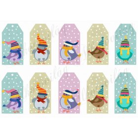   Tüneményes kismadarak sapiban, hóesésben üdvözlőkártyákon