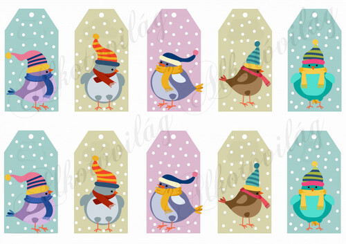 Tüneményes kismadarak sapiban, hóesésben üdvözlőkártyákon