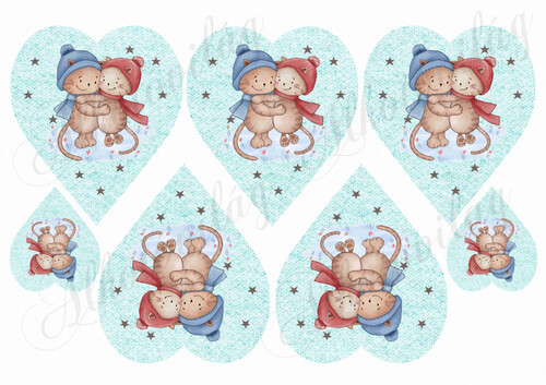 Cuki cicák sapiban MENTA szív alapon