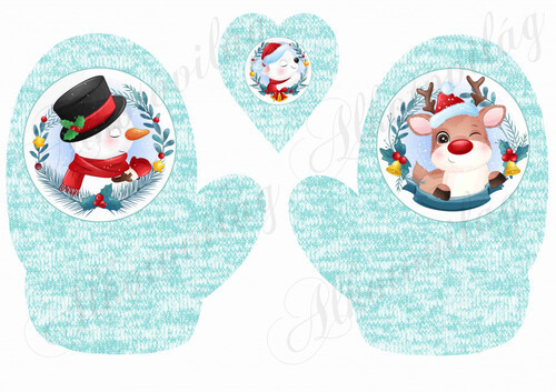 Cuki téli figurák mentás színű kötött kesztyűn