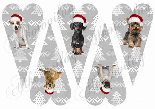 Hosszúkás kötött mintás szívek mikulássapkás kutyusokkal