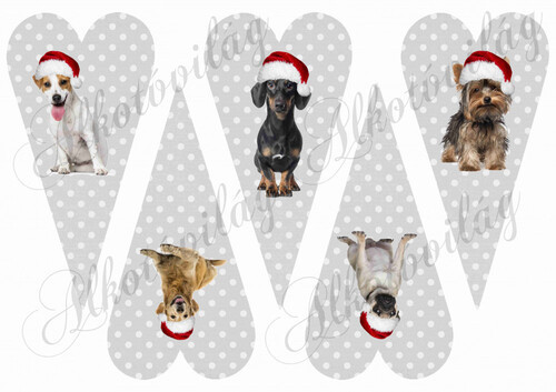 Hosszúkás pöttyös szívek mikulássapkás kutyusokkal