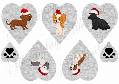 Kutyusok mikulássapkában homokszínű kötött szív alapon