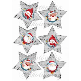   Cuki karácsonyi figurák- mikulás, szarvas, hóember kottás csillagokon