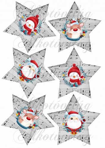 Cuki karácsonyi figurák- mikulás, szarvas, hóember kottás csillagokon