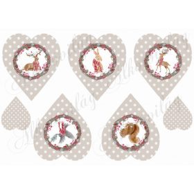   Barnás pöttyös szívek koszorúval, kézzel festett cuki állatkákkal