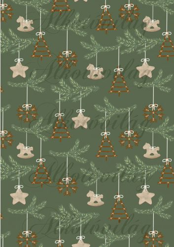 star, snowflake, rocking horse on pine branches on green background