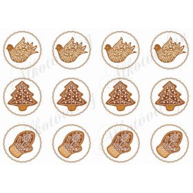   Csodás mézeskalács figurák csavart körökben - madár, fenyőfa, kesztyű