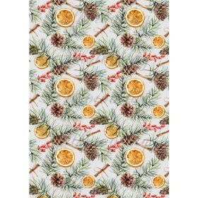 Fenyőágak tobozokkal, csipkebogyó, narancskarika, fahéj