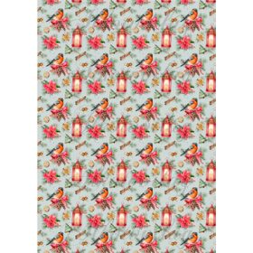   Madárka piros masnis tobozon mikulásvirágokkal, lámpásokkal