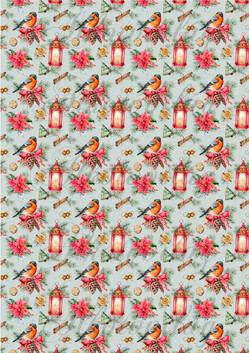 Madárka piros masnis tobozon mikulásvirágokkal, lámpásokkal