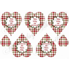   Négyzetrácsos szívek karácsonyi színekben magyal koszorúval, karácsonyi felirattal