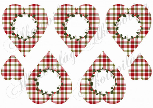 Négyzetrácsos szívek karácsonyi színekben magyal koszorúval