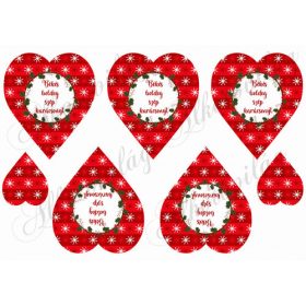  Piros szívek hópelyhekkel, magyal koszorúval, karácsonyi felirattal