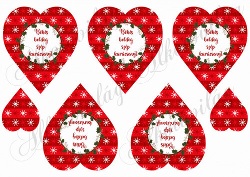 Piros szívek hópelyhekkel, magyal koszorúval, karácsonyi felirattal