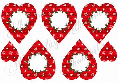 Piros szívek hópelyhekkel, magyal koszorúval