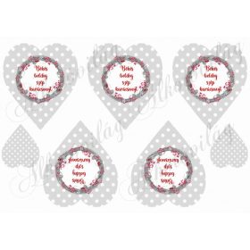   Szürkés pöttyös szívek koszorúval, karácsonyi felirattal