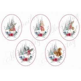 Téli tájak kézzel festett állatkákkal oválisokban