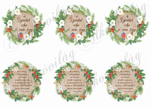 Kétféle idézet fa korongon karácsonyi koszorúban