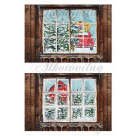 Tájkép ablakból piros kisautóval