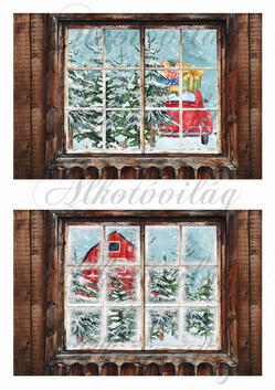 Tájkép ablakból piros kisautóval