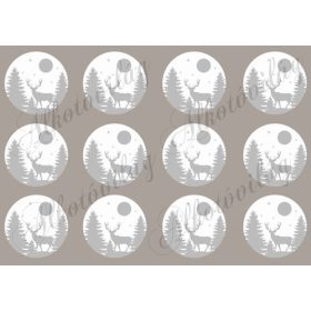 Téli táj Szarvassal, fenyőkkel szürke-fehér kivitelben