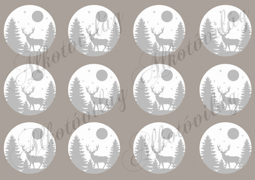 Téli táj Szarvassal, fenyőkkel szürke-fehér kivitelben