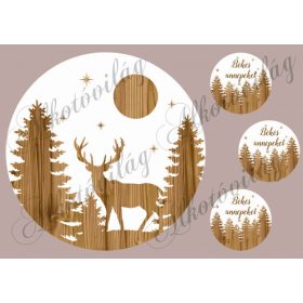   Téli táj Szarvassal, fenyőkkel fa korongokon NAGYBAN + kis körök