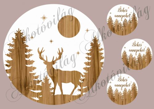 winter landscape with deer, pines on wooden discs big + small circles