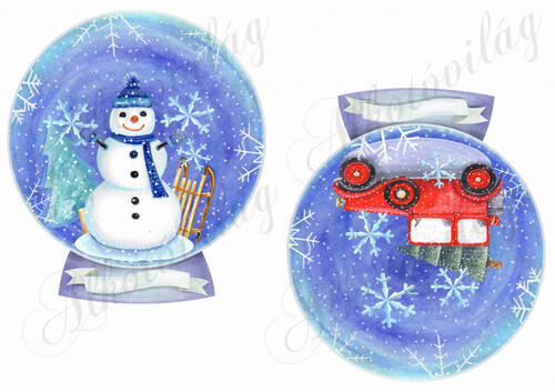 Hógömbök kézzel festve hóemberrel, piros autóval -15 cm