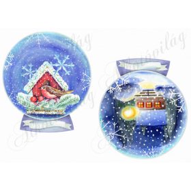 Hógömbök kézzel festve kismadárral, téli tájjal-15 cm