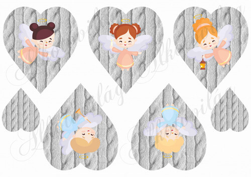 Angyalkák kötött mintás szíveken